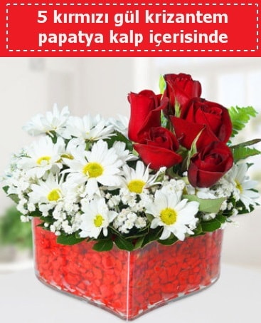 mika kalp içerisinde 5 kırmızı gül papatya  Bursa çiçek mağazası , çiçekçi adresleri 
